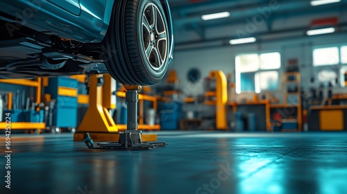 Car lifted on a hoist inside an auto repair shop. Workshop is in the background