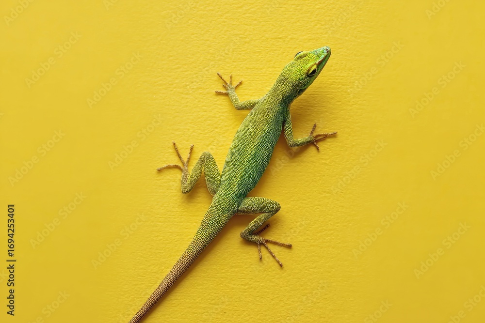 Fototapeta premium Bright green lizard on a yellow background