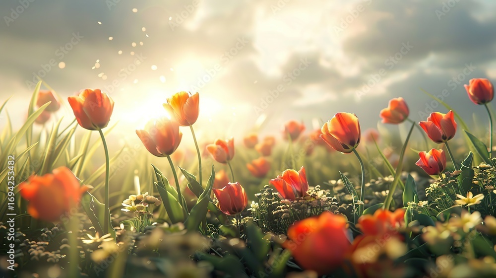 Fototapeta premium Romantic Scene of Tulips in a Field Blowing with Gentle Breeze