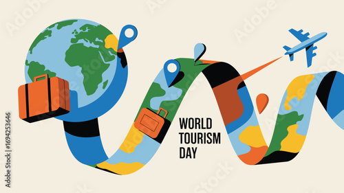 World tourism day illustration with globe suitcase airplane and winding colorful path markers