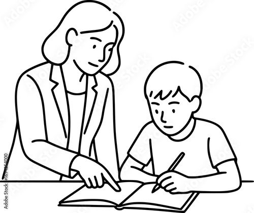 Minimalist black and white line art of teacher helping child with homework, education concept