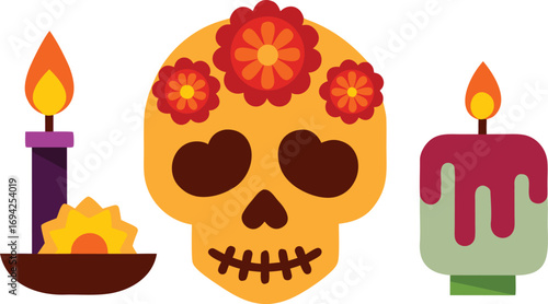 Day of the dead sugar skull and candle vector illustration bundle