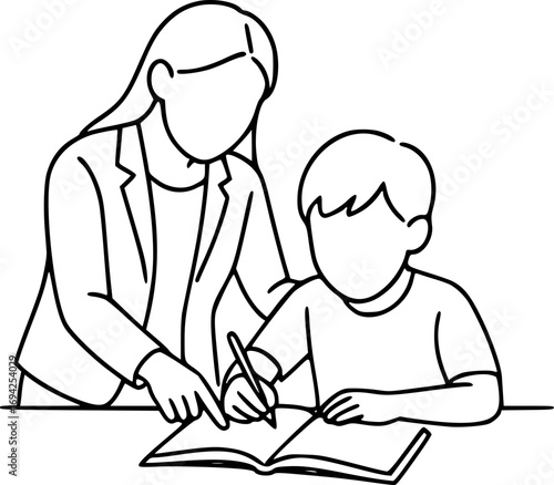 Minimalist black and white line art of teacher helping child with homework, education concept