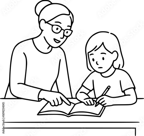 Minimalist black and white line art of teacher helping child with homework, education concept