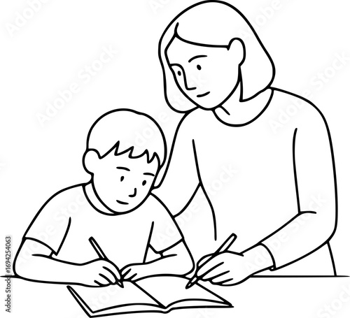 Minimalist black and white line art of teacher helping child with homework, education concept