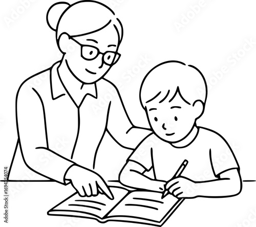 Minimalist black and white line art of teacher helping child with homework, education concept