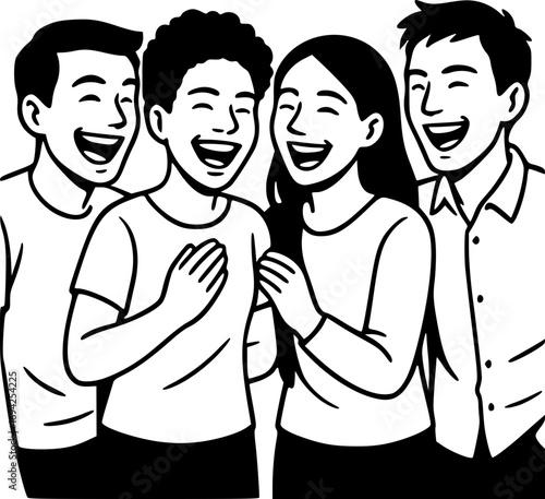Black and white line art of diverse friends laughing together, simple illustration of authentic joy