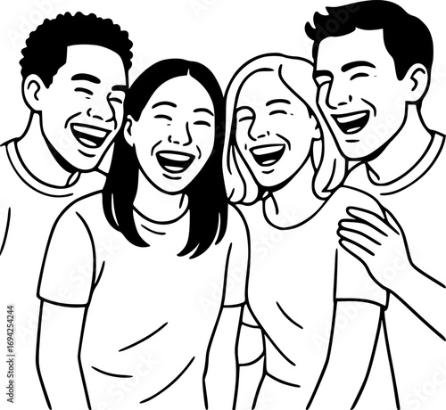 Black and white line art of diverse friends laughing together, simple illustration of authentic joy