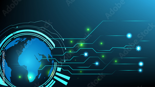 Digital world technology with glowing global network and circuit lines