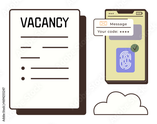 Vacancy form paired with mobile screen displaying fingerprint scan and code verification message. Ideal for recruitment, security, technology, HR, digital identity, business process, simple flat