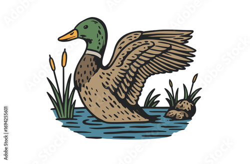 Floating Duck Illustration. Vintage Mallard Bird Artwork. Retro Wildlife and Nature Graphic. Pond Scene Print.
