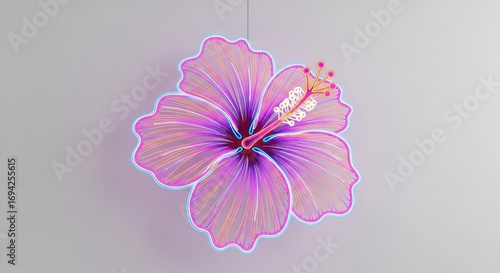 Delicate Hibiscus Blossom Glowing with a Neon Outline on a Soft Gray Backdrop