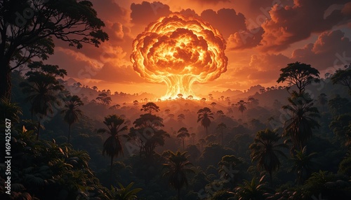 Dramatic explosion over lush jungle landscape at sunset creates impactful contrast and evokes themes of power and destruction