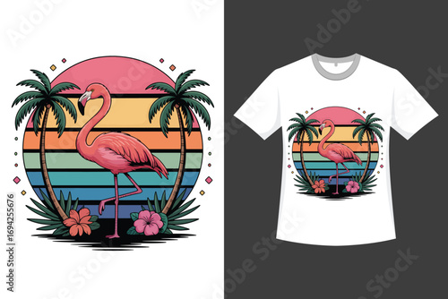 Flamingo Paradise Sunset Stroll Among Palms and Tropical Blooms