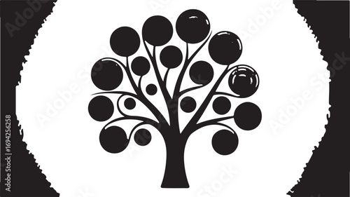 Black abstract tree with circular fruit white