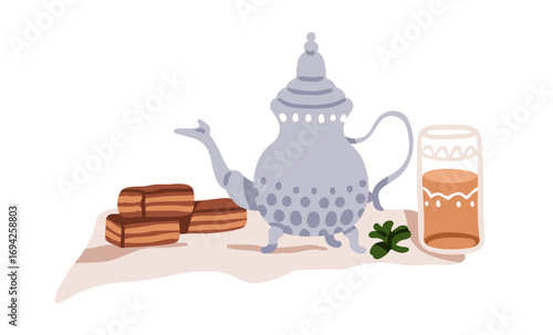 Mint tea in glass, metal pot with dessert, cookies. Herbal drink in teapot, Moroccan traditional pastry, bakery, sweet biscuits, minty herb. Flat vector illustration isolated on white background