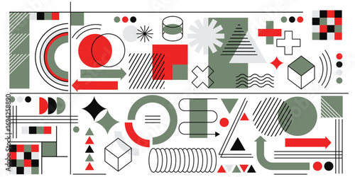 set of abstract graphic elements in the Memphis style is drawn with colored flat shapes and a black outline. arrows of various configurations and directions. stock vector illustration. EPS 10.