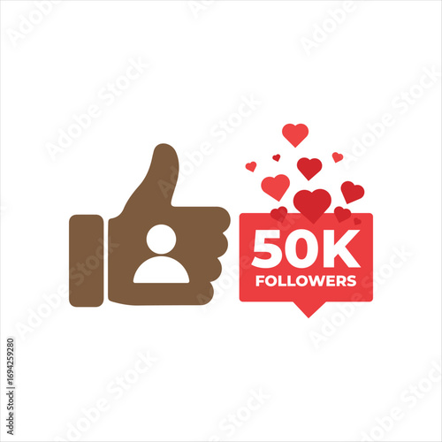 50K Followers Celebration Icon with Thumbs-Up and Hearts