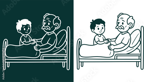 Illustration of grandfather in hospital bed with grandson visiting and holding hands vector art
