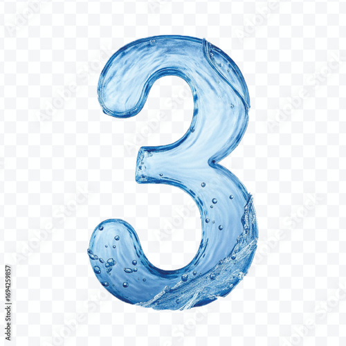 abstract 3d number 3 digit made by water splash in different style isolated on transparent background