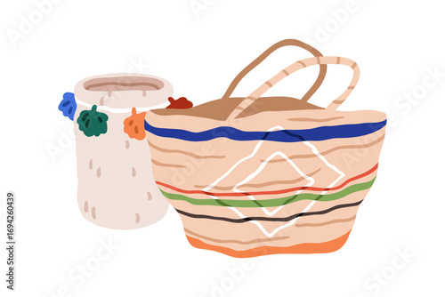 Basket, woven tote bag with ethnic decoration. Traditional weaving art and craft. Handmade containers with handles, tassel in boho moroccan style. Flat vector illustration isolated on white background