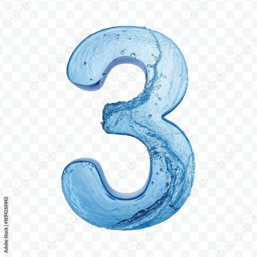 abstract 3d number 3 digit made by water splash in different style isolated on transparent background