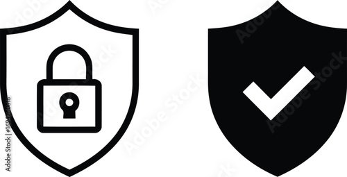 Security Icons Featuring a Shield with a Padlock and a Shield with a Checkmark for Protection and Verification Metaphors
