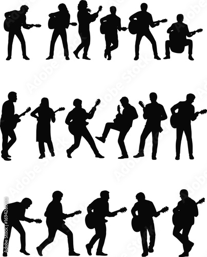 Silhouettes of guitarists in motion, electric guitar players, rock band musicians, stage performance, music energy, concert vibes, dancing poses, live show, artistic expression