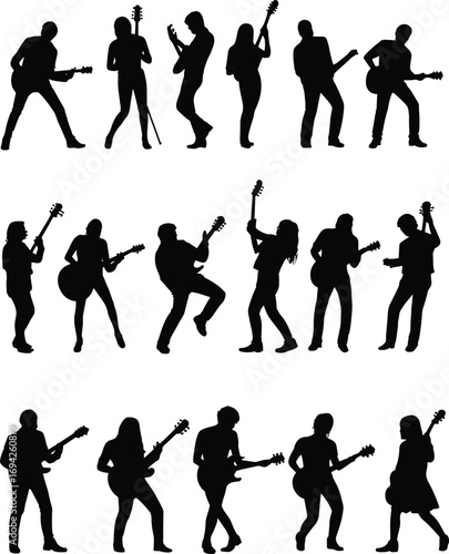 Silhouettes of guitar players performing, electric guitar poses, rock musicians on stage, musical concert scene, music energy, dancing artists, live show performance, artistic vibes