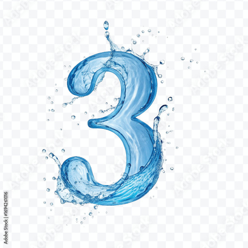abstract 3d number 3 digit made by water splash in different style isolated on transparent background