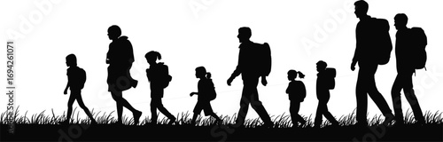 Silhouette of people walking in a line, migration journey, refugee group, nature background, travel concept, backpackers, family walking, outdoor trail, unity theme
