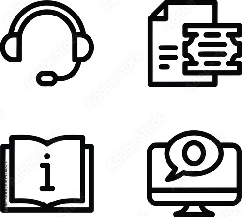 Black and White Pictorial Representation Showcasing an Ensemble of Support Related Icons Demonstrating Headset Communication Documentation Informational Data and Online Assistance Tools