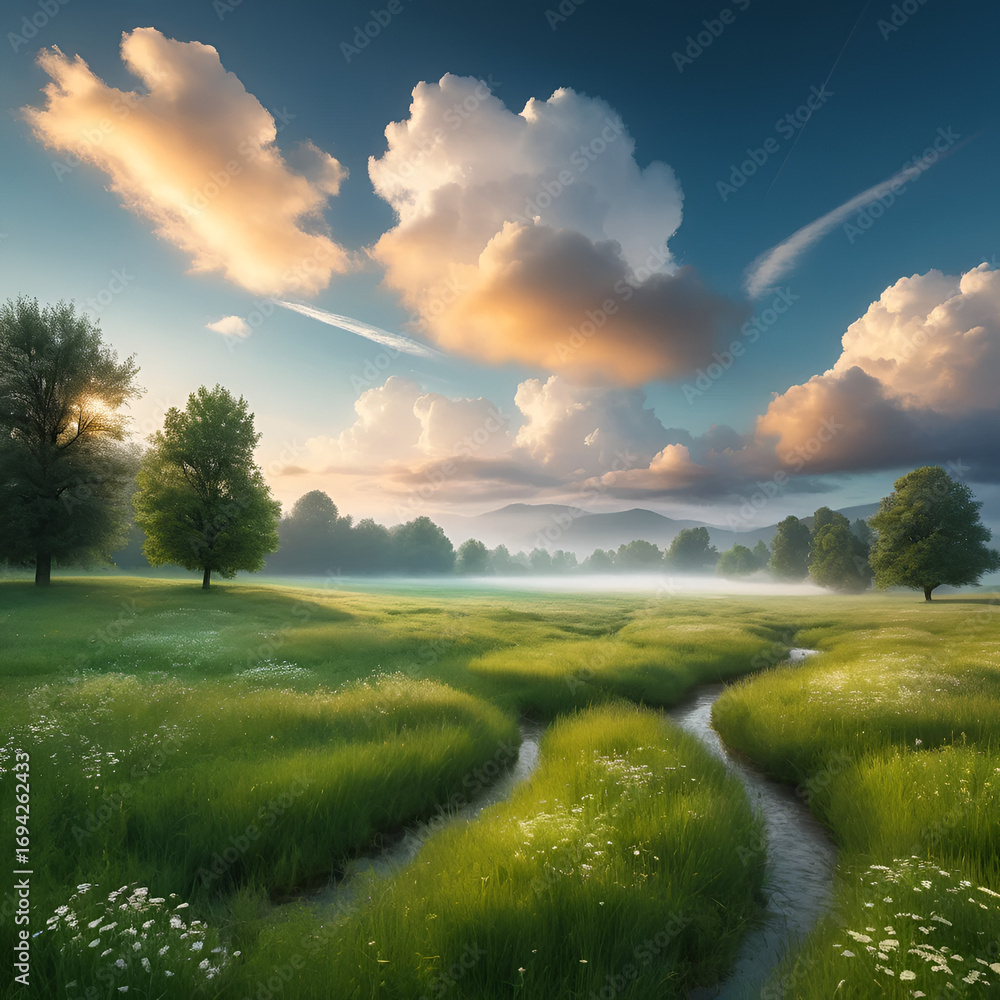 © Lauren - a quiet meadow scene with luminous free floating clouds drifting above casting soft glowing light transforming ordinary landscape into tranquil dreamlike scenery © Lauren - a quiet meadow scene with luminous free floating clouds drifting above casting soft glowing light transforming ordinary landscape into tranquil dreamlike scenery