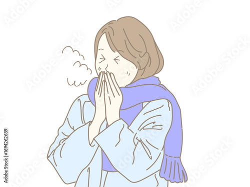 女性　イラスト　咳　寒い