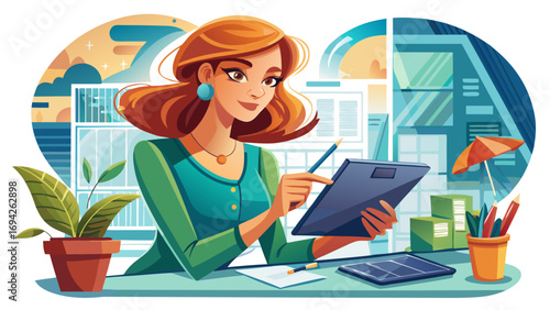 Close-up portrait of female interior designer sketching plan on tablet. Isolated white background symbolizes creativity, elegance, and architectural imagination.