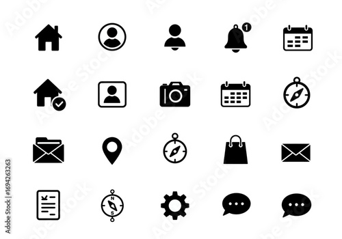 24 Simple Black UI Icons Home User Camera Calendar Compass and More