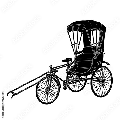 Traditional three wheeled bicycle rickshaw transport vehicle silhouette isolated on white background