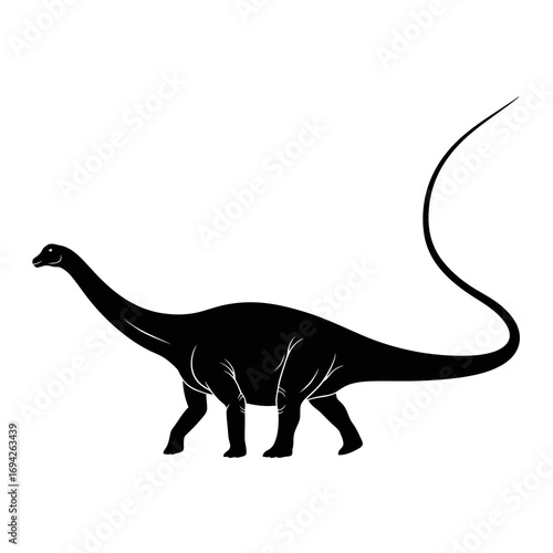 A black silhouette of a long necked dinosaur walking on a white background silhouette isolated on white background