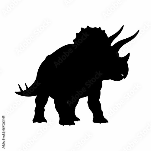 Black silhouette of a triceratops dinosaur standing on a white background isolated on white background