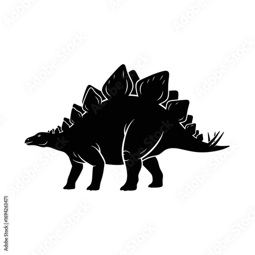 Black silhouette of a stegosaurus dinosaur with plates on its back isolated on white background