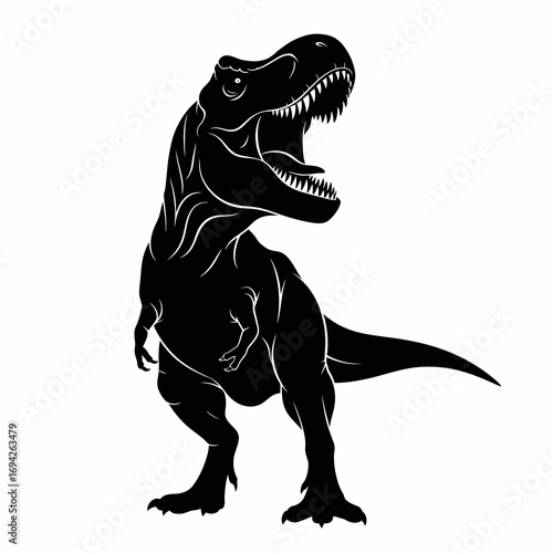 Fierce tyrannosaurus rex dinosaur roaring in silhouette isolated on white background