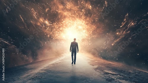 Man walking towards a cosmic light in a surreal landscape