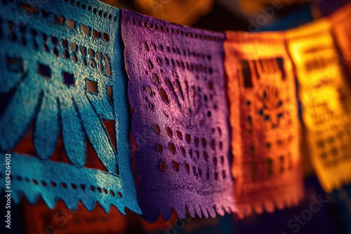 Bright Mexican holiday image of papel picado banners lit by daylight. Thin tissue paper patterns radiate color and tradition, symbolizing heritage and shared celebration