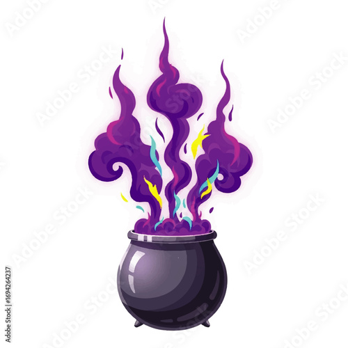A cauldron of vibrant purple magic potion bubbles and glows with mystical, colorful flames against a white background.