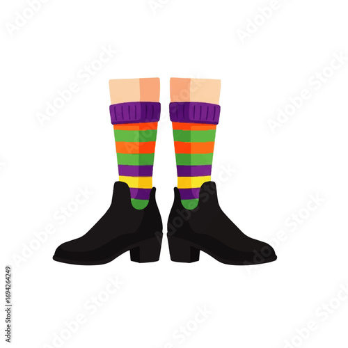Colorful striped socks and black ankle boots on legs against a white background, conveying a playful and whimsical mood.