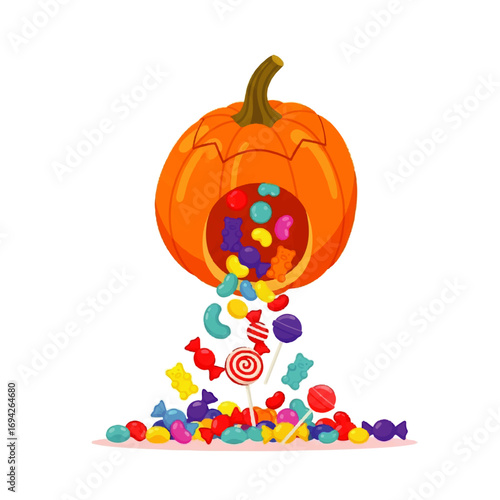 A carved Halloween pumpkin overflows with colorful jelly beans, gummy bears, lollipops, and wrapped candies, creating a sweet and festive scene.