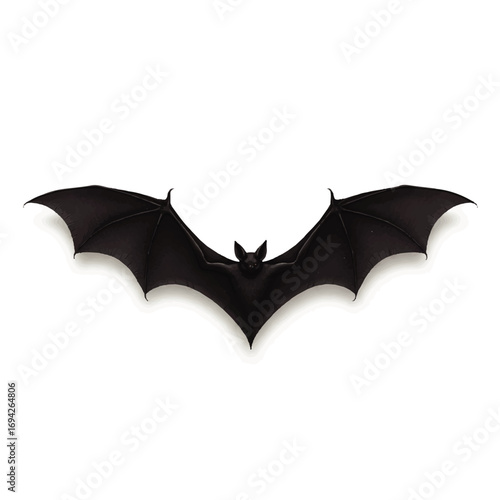 A black bat with outstretched wings hangs against a stark white background, creating a dramatic and slightly spooky image.