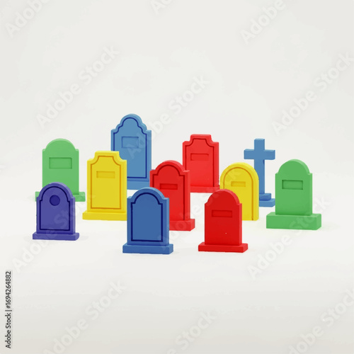 Colorful cartoon gravestones and a cross rest peacefully on a minimalist white background, conveying a whimsical yet slightly melancholic mood.