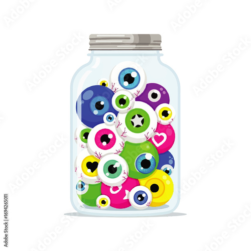 A mason jar overflows with vibrant, cartoonish eyeballs, creating a whimsical yet slightly unsettling scene.