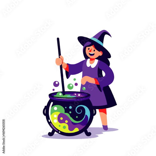 A cheerful young witch stirs a bubbling cauldron of colorful potion, playfully brewing magic against a white background.